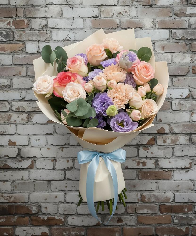 Букет цветов из: Розы, Лизиантусы и Гвоздики в Юрьевце