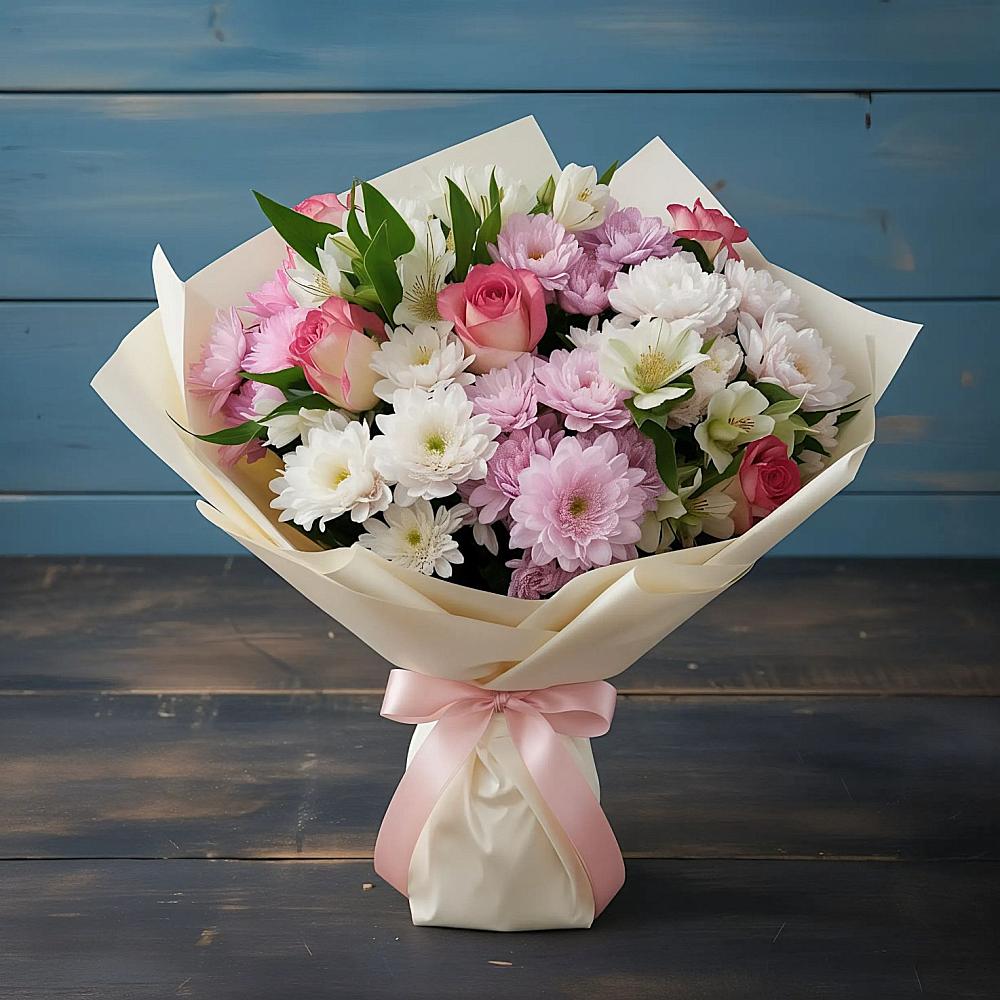 Букет цветов из: Хризантемы, Альстромерии и Розы в Юрьевце